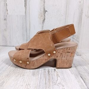 Franco Sarto Kicks Tan Leather Studded Cork Platform Slingback Sandals #1464
